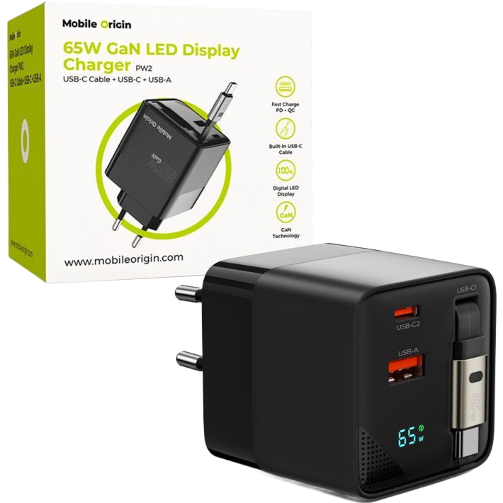 Ładowarka sieciowa GaN USB-C PD, USB-A, 65W, Mobile Origin PW2 + wbudowany kabel 75cm, wyświetlacz, czarna