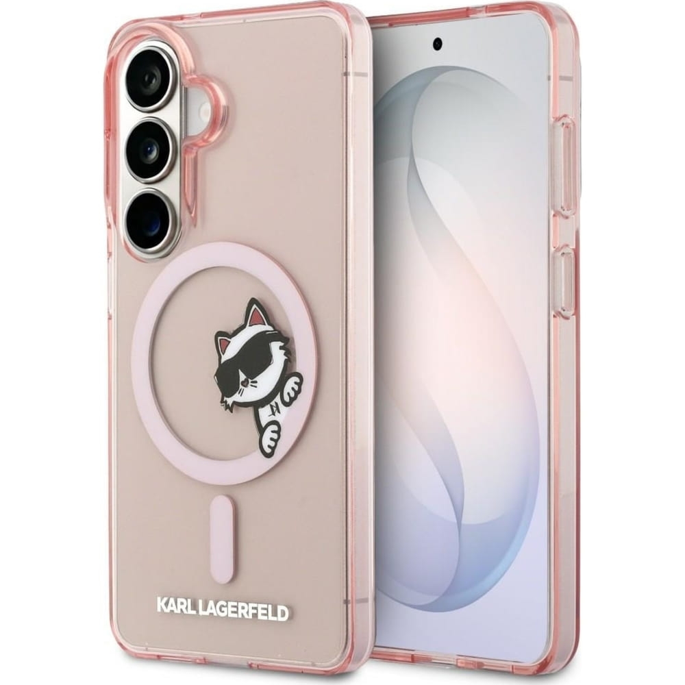 Etui Karl Lagerfeld IML Print MagSafe Peekaboo do Galaxy S26, półprzezroczyste różowe z kotką Choupette