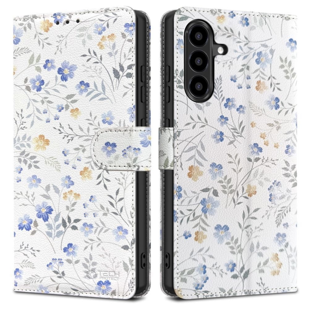 Etui z klapką Tech-Protect Wallet do Galaxy A57 5G, białe z kwiecistym wzorem
