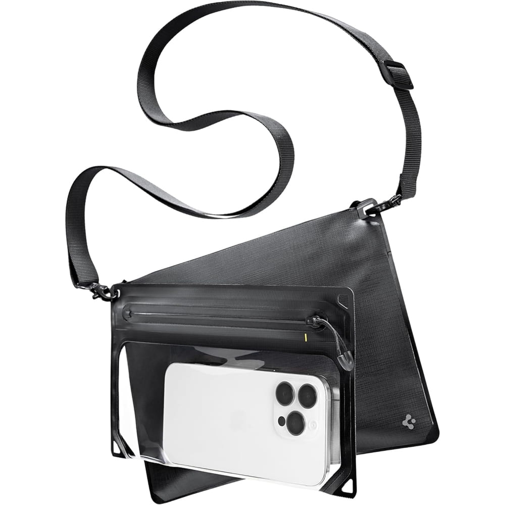 Etui wodoszczelne Spigen A640 Universal Waterproof Case Crossbag IPX8, z oddzielną kieszenią na przedmioty, czarno-przezroczyste