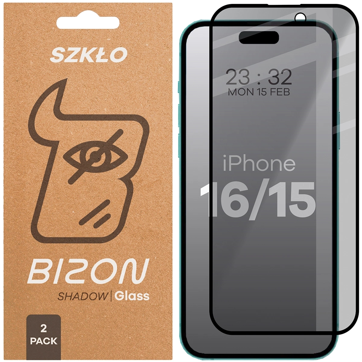 Prywatyzujące szkło hartowane Bizon Glass Edge Shadow Duo do iPhone 15 / 16, przyciemniane z czarną ramką, 2 sztuki