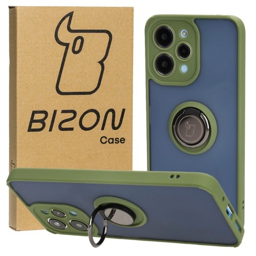 Image of Etui z uchwytem na palec Bizon Case Hybrid Ring do Xiaomi Redmi 12, przydymione z zieloną ramką