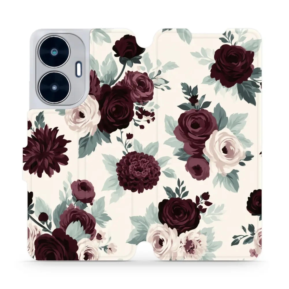 Etui z klapką do realme C55, Mobiwear Book, róże z szałwią na kremie