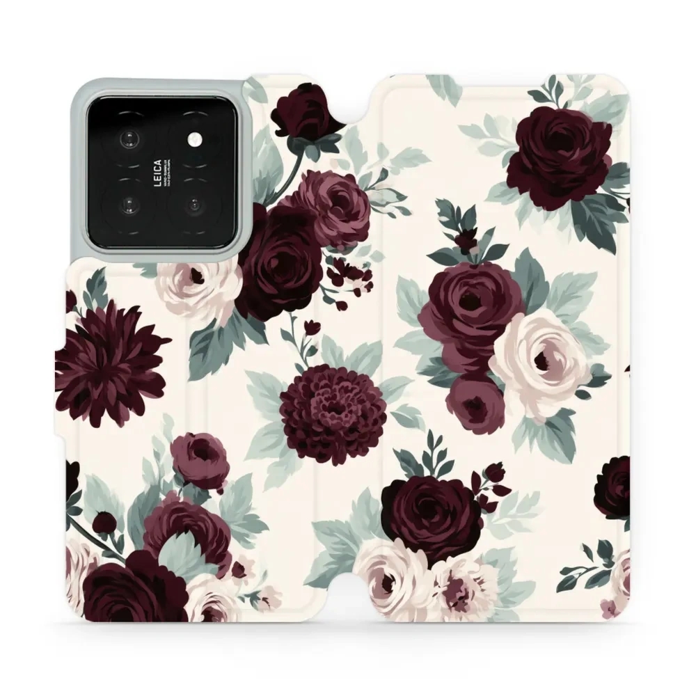 Etui z klapką do Xiaomi 14, Mobiwear Book, róże z szałwią na kremie