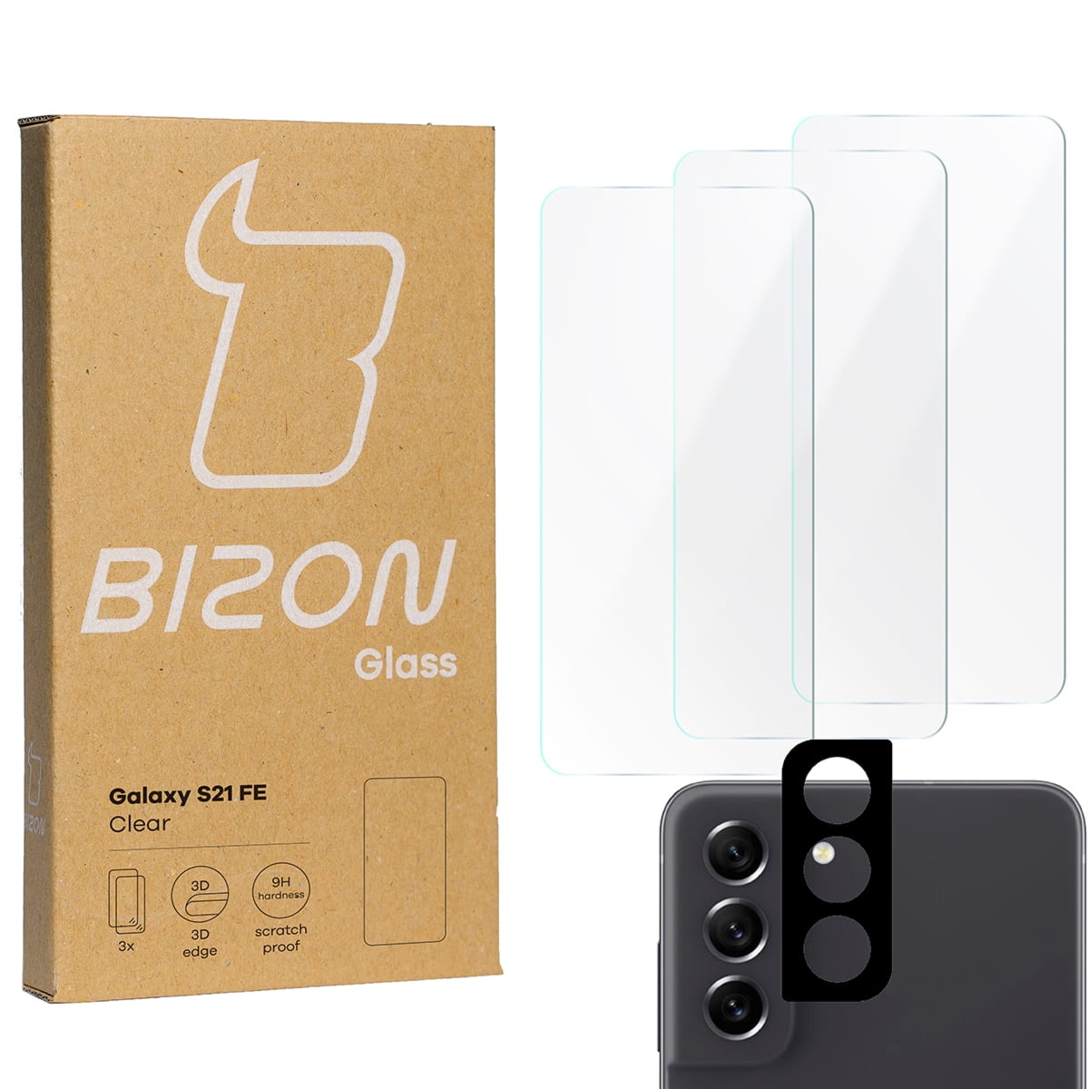 3x Szkło hartowane + szybka na aparat Bizon Glass Clear Pack, Galaxy S21 FE