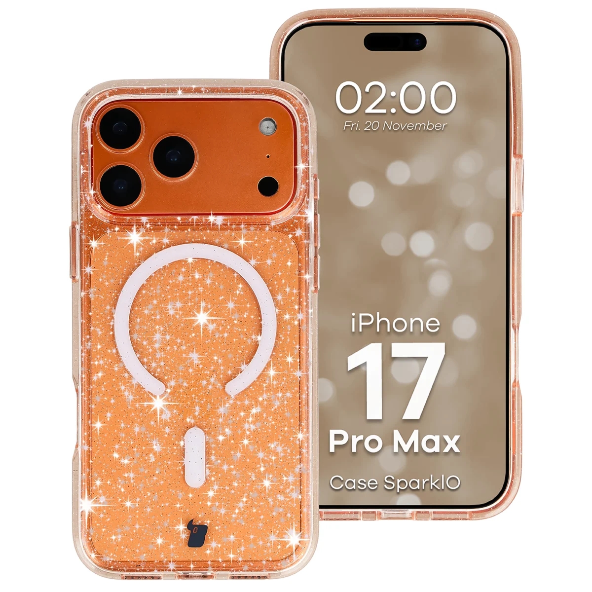 Etui brokatowe z pierścieniem magnetycznym Bizon Case SparklO do iPhone 17 Pro Max, przezroczysto-jasnopomarańczowe z brokatem