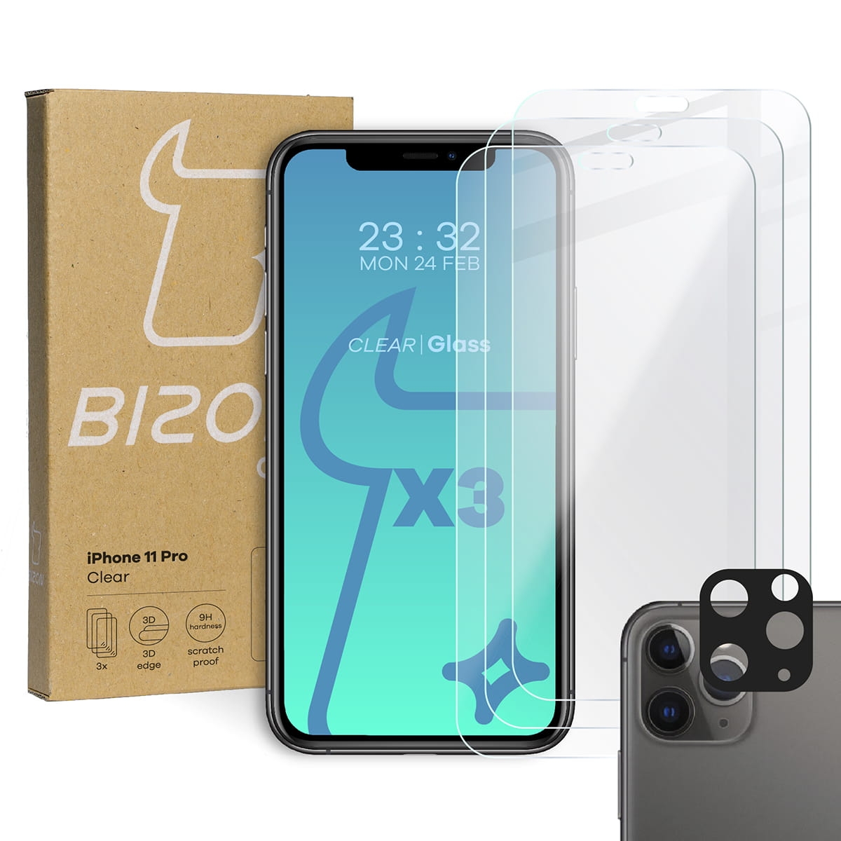Image of 3x Szkło hartowane + szybka na aparat Bizon Glass Clear Pack, iPhone 11 Pro
