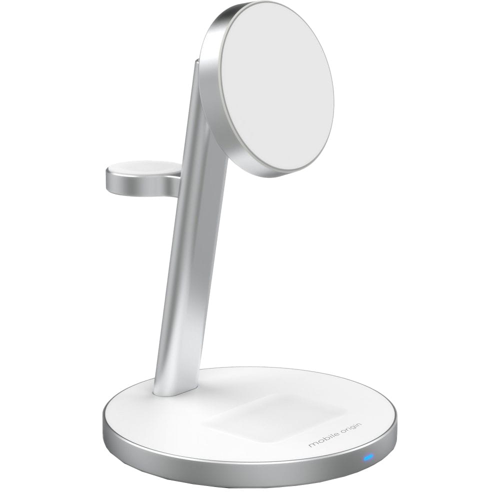 Image of Ładowarka indukcyjna Mobile Origin Qi2 PowerStand 3in1 25W do MagSafe + ładowarka sieciowa GaN 35W PD, srebrna