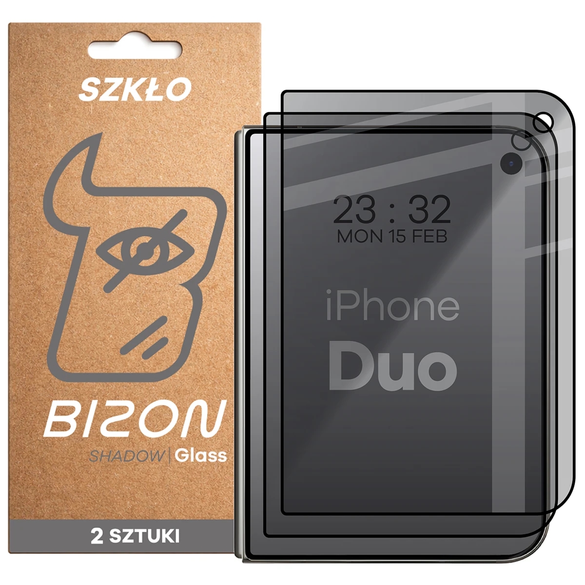 Prywatyzujące szkło hartowane Bizon Glass Edge Shadow Duo do iPhone Duo, przyciemniane z czarną ramką, 2 sztuki