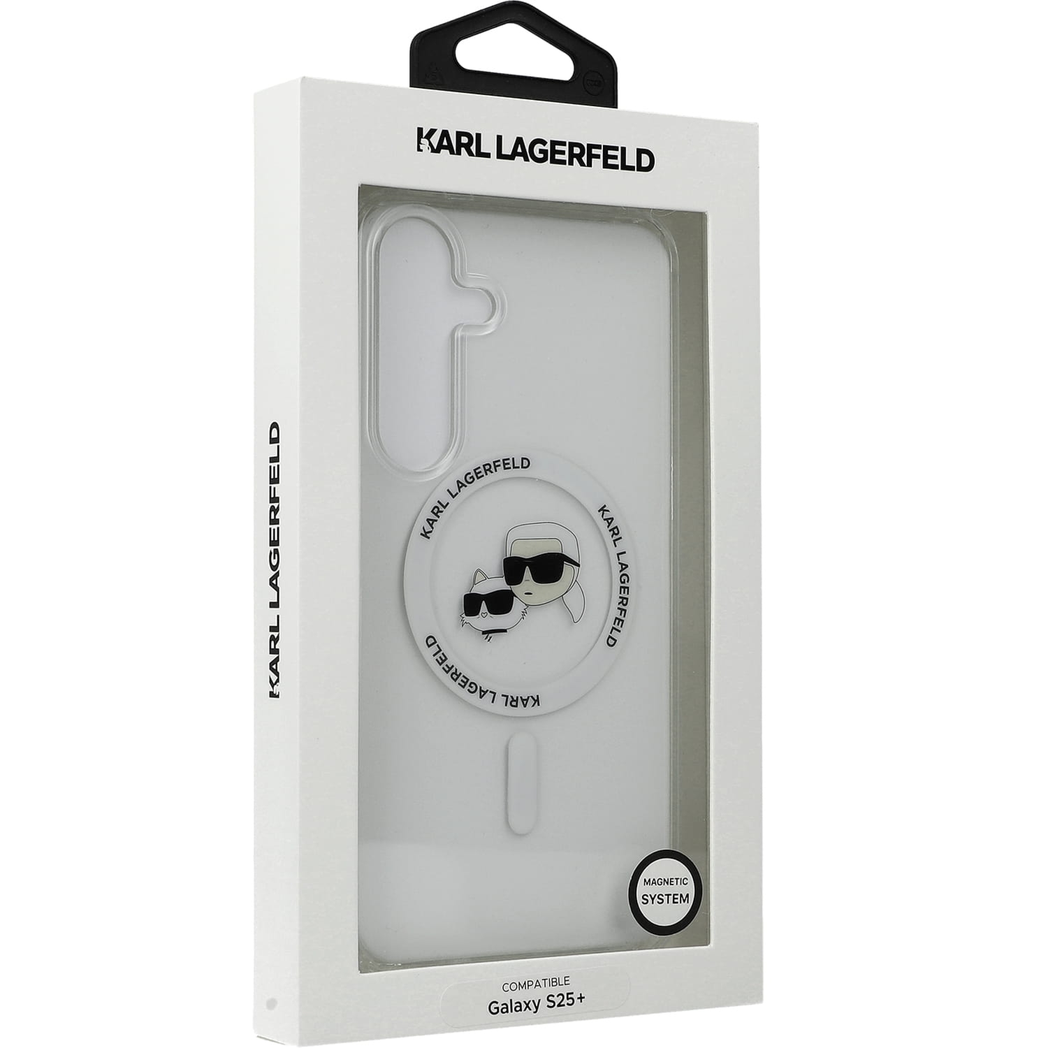 OUTLET: Etui Karl Lagerfeld Button Karl&Choupette Heads do MagSafe do Galaxy S25 Plus, półprzezroczyste z białym