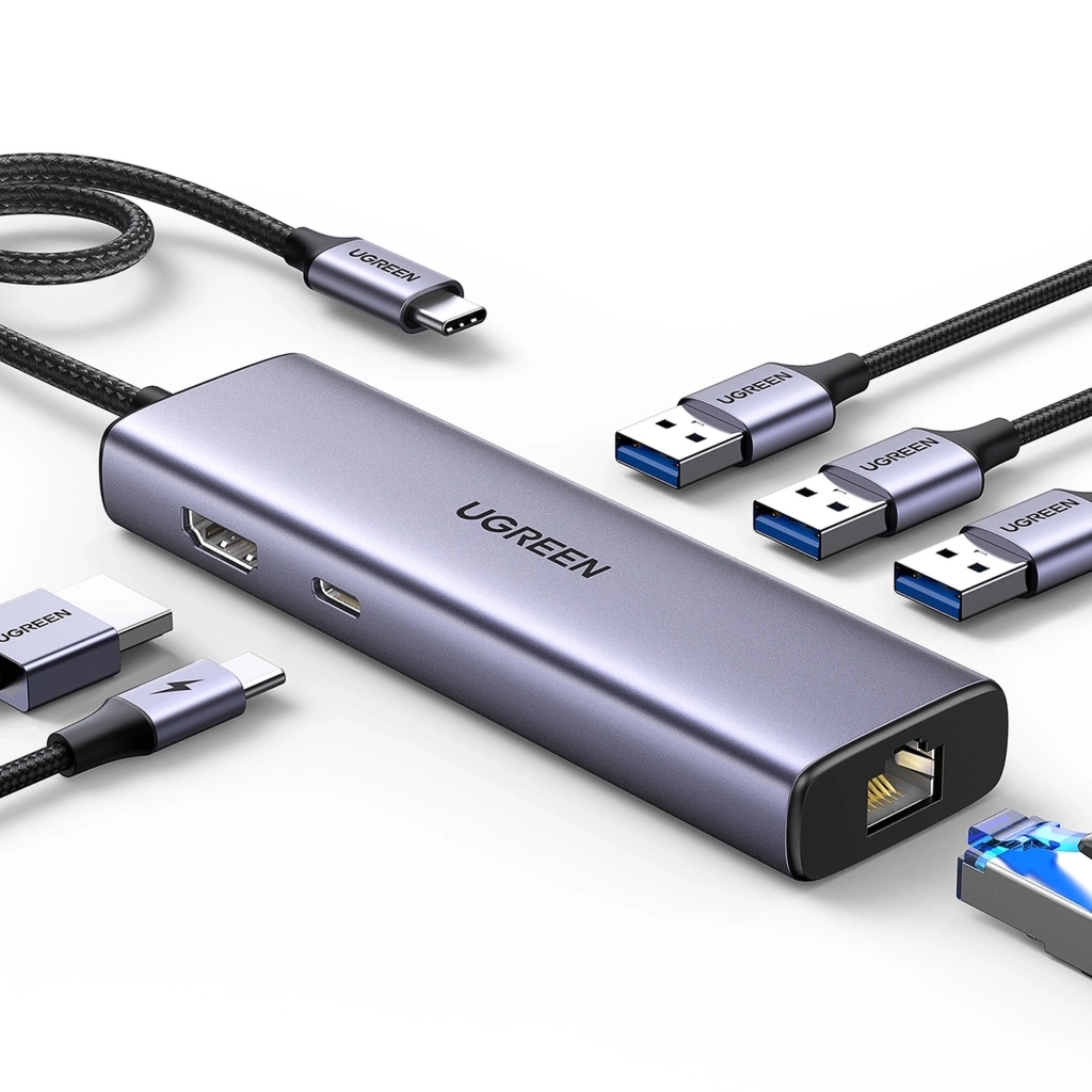 Adapter 6w1 USB-C, 3× USB-A, HDMI 4K, RJ45, Power Delivery 100 W, Ugreen CM512, szary