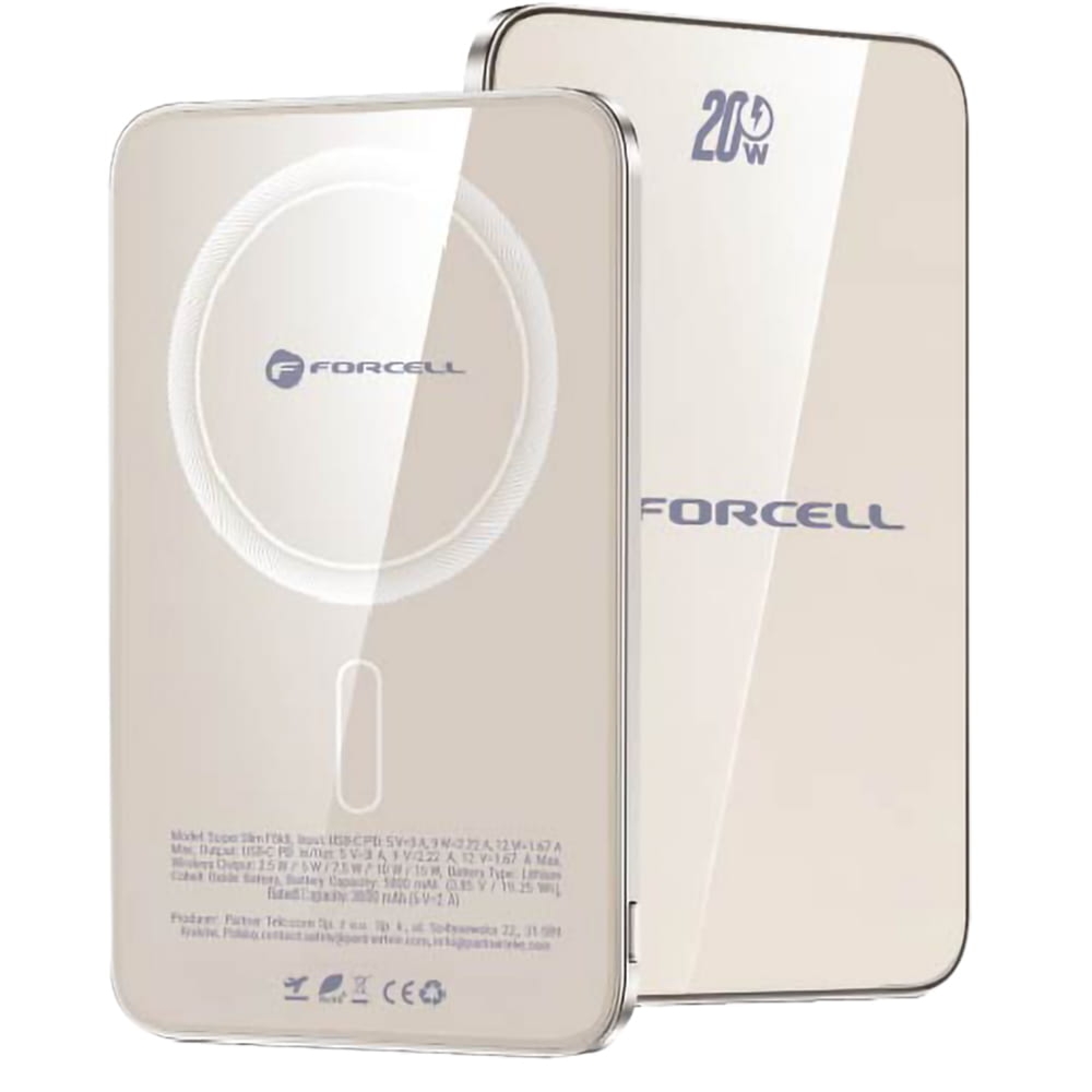 Cienki powerbank indukcyjny 5000mAh do MagSafe, 20.5W Qi2, Forcell SuperSlim F5K8, kabel USB-C w zestawie, tytanowy