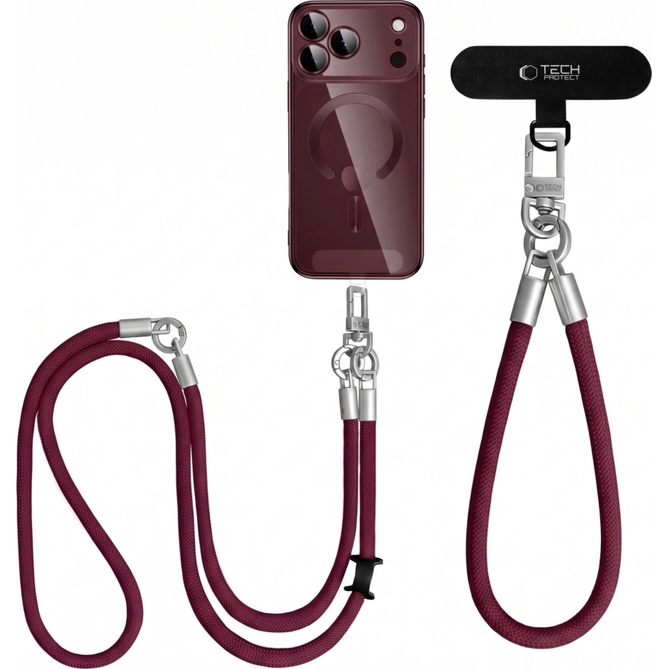 Uniwersalna smycz do telefonu, sznurek C10S Rope Crossbody & Wrist Tech-Protect, burgundowa