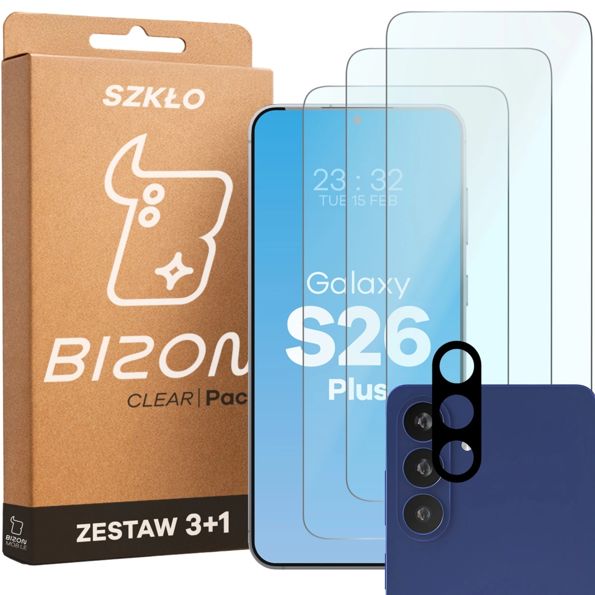 3x Szkło hartowane + szybka na aparat Bizon Glass Clear Pack do Galaxy S26 Plus