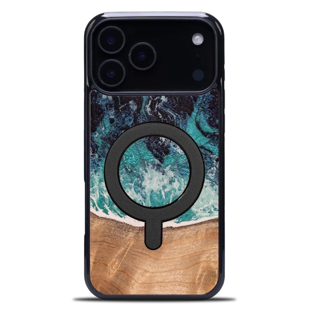 Drewniane etui do iPhone 17 Pro Max, Bewood Unique Dream Island do MagSafe, niebiesko-brązowe