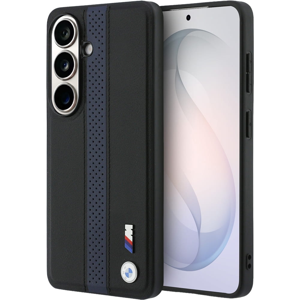Etui BMW Hardcase Leather do Galaxy S26 do MagSafe, czarne z granatowym paskiem
