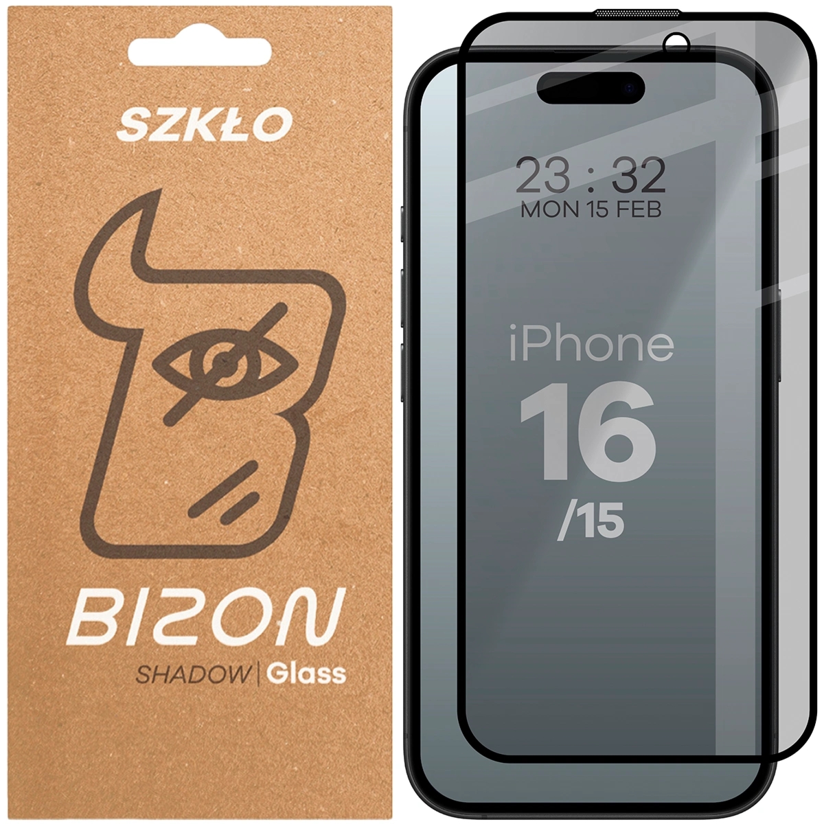 Prywatyzujące szkło hartowane Bizon Glass Edge Shadow do iPhone 16/15, przyciemniane z czarną ramką