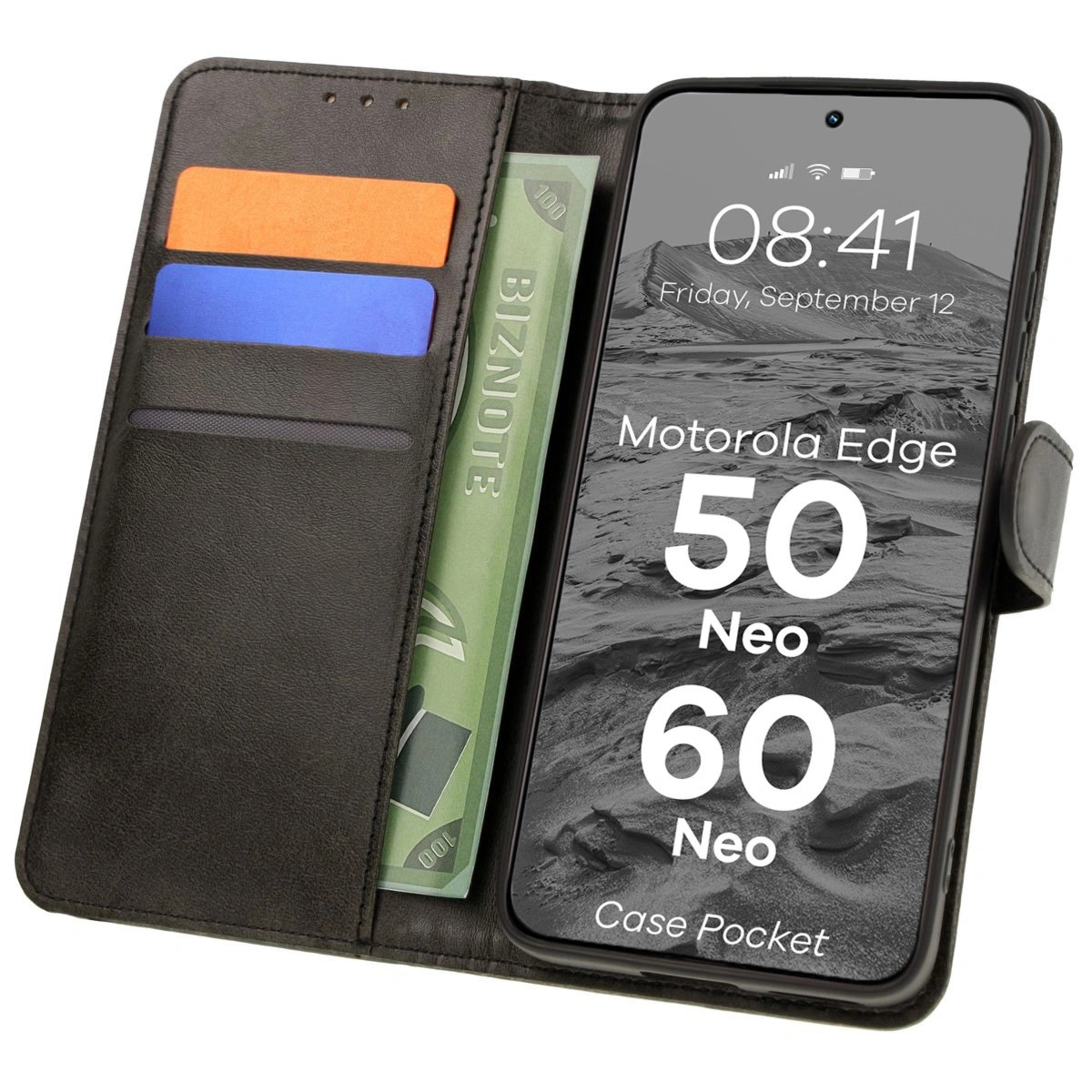 Etui z klapką Bizon Case Pocket do Motorola Edge 50 Neo / 60 Neo, czarne