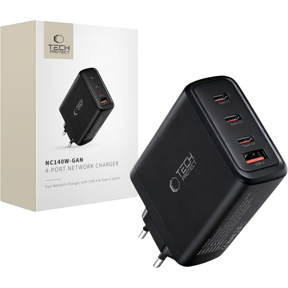 OUTLET: Ładowarka sieciowa GaN 3x USB-C PD, USB-A QC 3.0, 140W, Tech-Protect NC140W, czarna