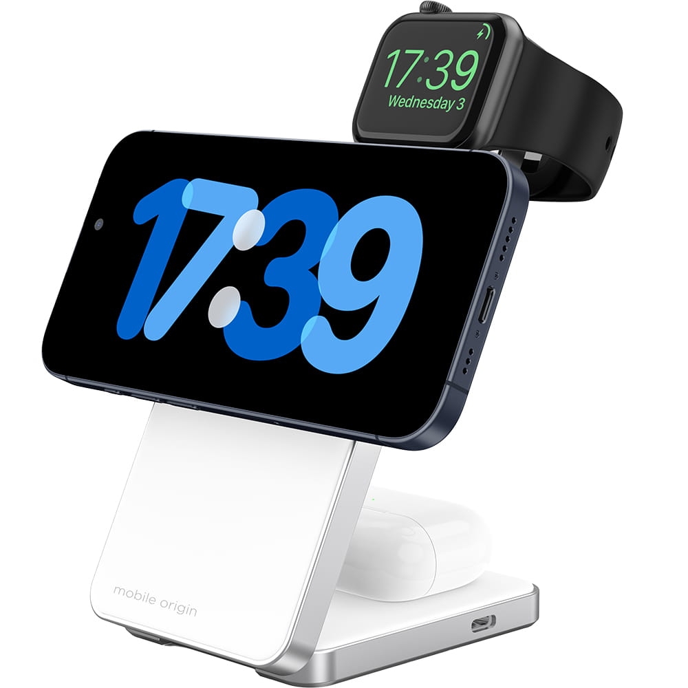 Image of Ładowarka indukcyjna Mobile Origin Qi2 CompactStand 3in1 25W do MagSafe, biała