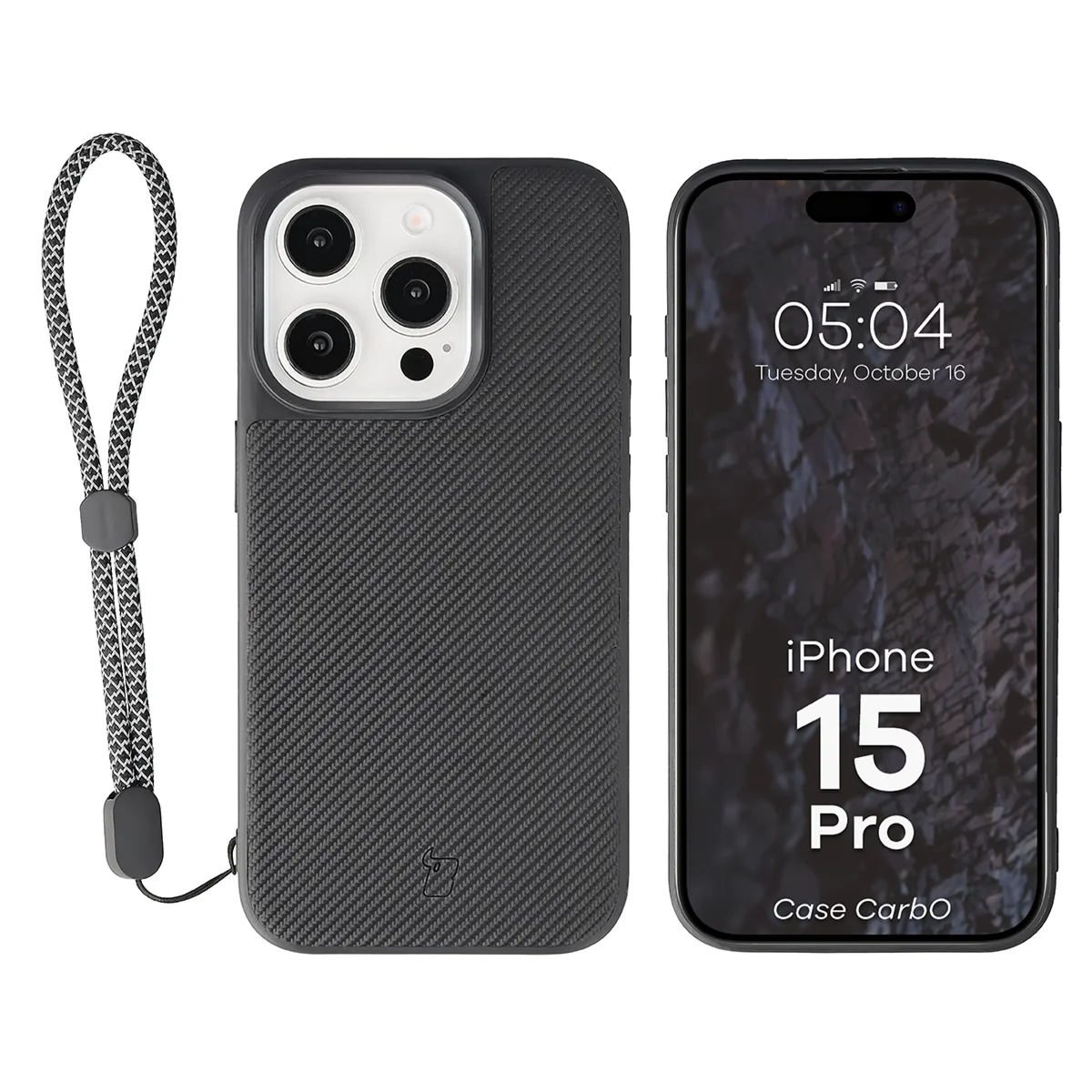 Etui ze smyczką na nadgarstek i pierścieniem magnetycznym Bizon Case CarbO do iPhone 15 Pro, czarne