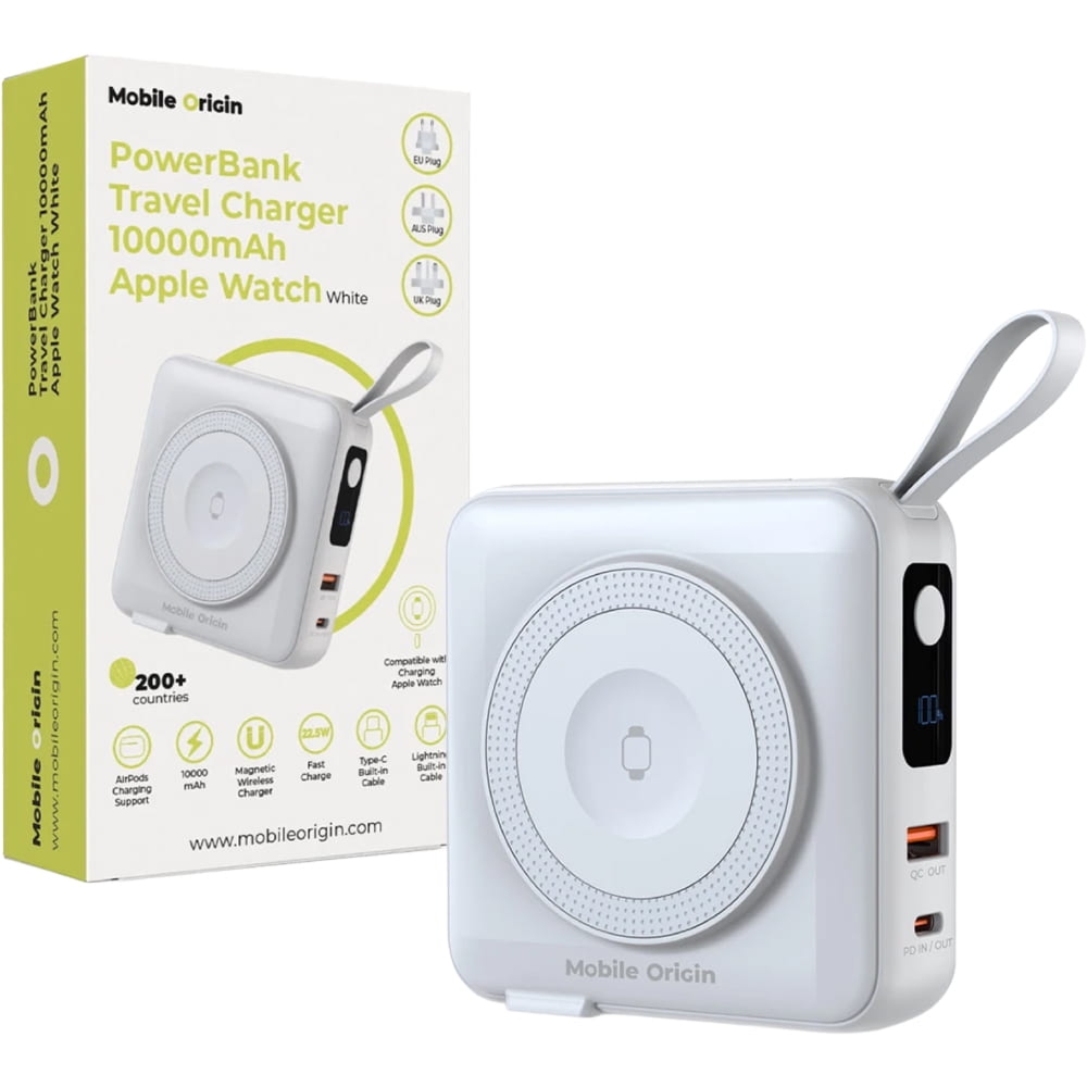 Powerbank indukcyjny, podróżny z adapterami UK / EU / AUS do MagSafe, Mobile Origin, 10000mAh USB-C PD USB-A 22.5W, biały