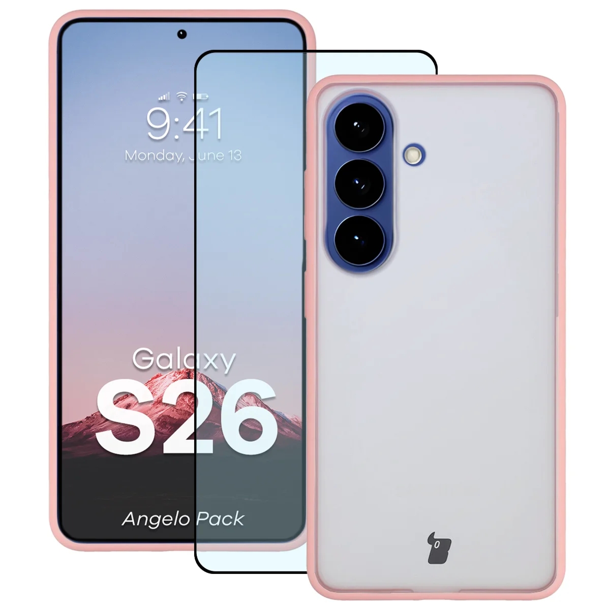 Etui + szkło hartowane Bizon Angelo Pack do Galaxy S26, półprzezroczyste z jasnoróżową ramką