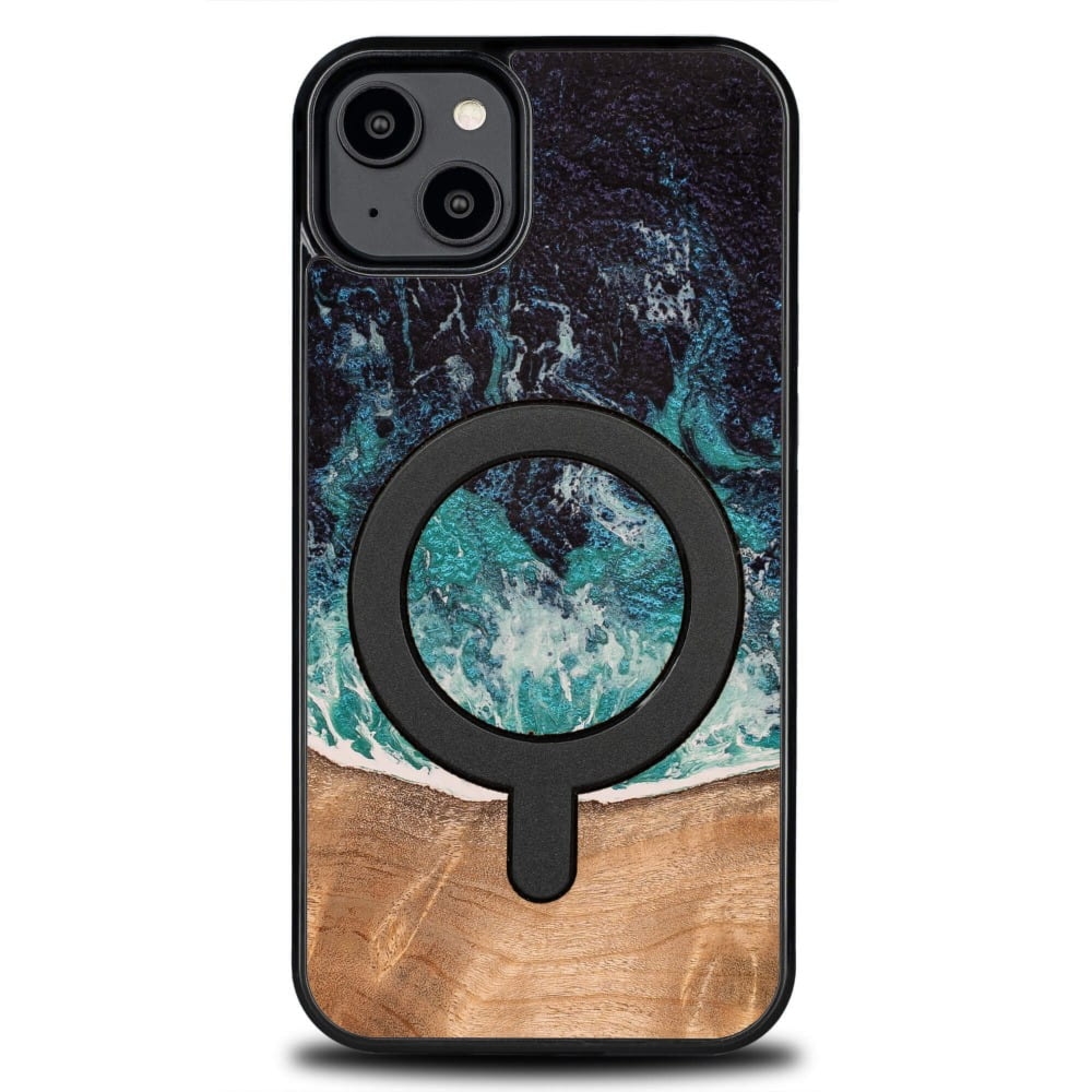 Drewniane etui do iPhone 14 Plus, Bewood Unique Dream Island do MagSafe, niebiesko-brązowe