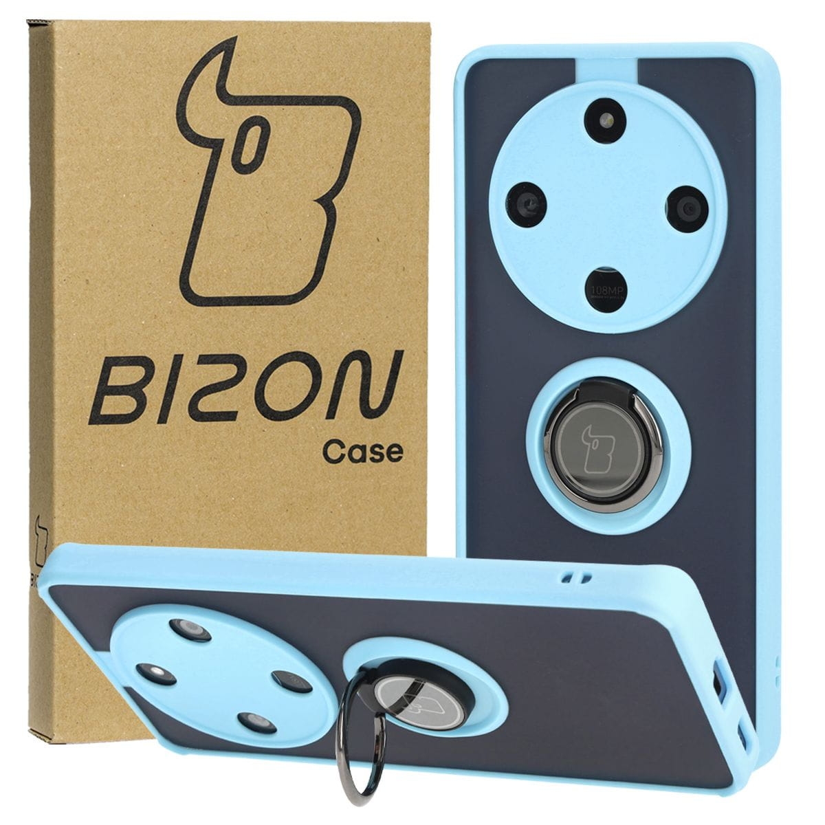 Image of Etui z uchwytem na palec Bizon Case Hybrid Ring do Honor Magic6 Lite, przydymione z jasnoniebieską ramką