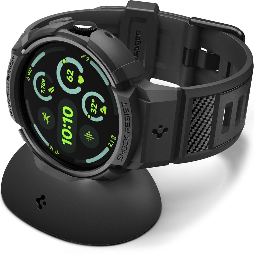 Etui z paskiem Spigen Rugged Armor Pro do Pixel Watch 4 (45 mm) + Stand do ładowarki, czarne