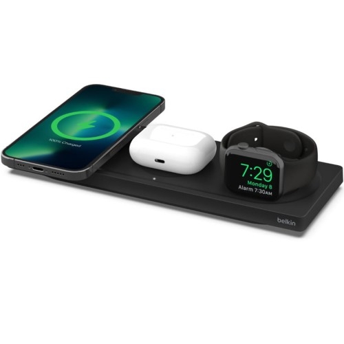 Image of Ładowarka indukcyjna Belkin Boost Pro MagSafe 3-in-1 Qi dla Apple Watch / AirPods / iPhone z MagSafe +AC, czarna