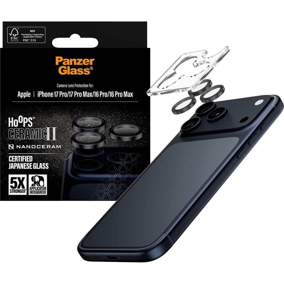 Szkło ceramiczne na aparat z aplikatorem PanzerGlass Hoops Ceramic II do iPhone 17 Pro Max / 17 Pro / 16 Pro Max / 16 Pro