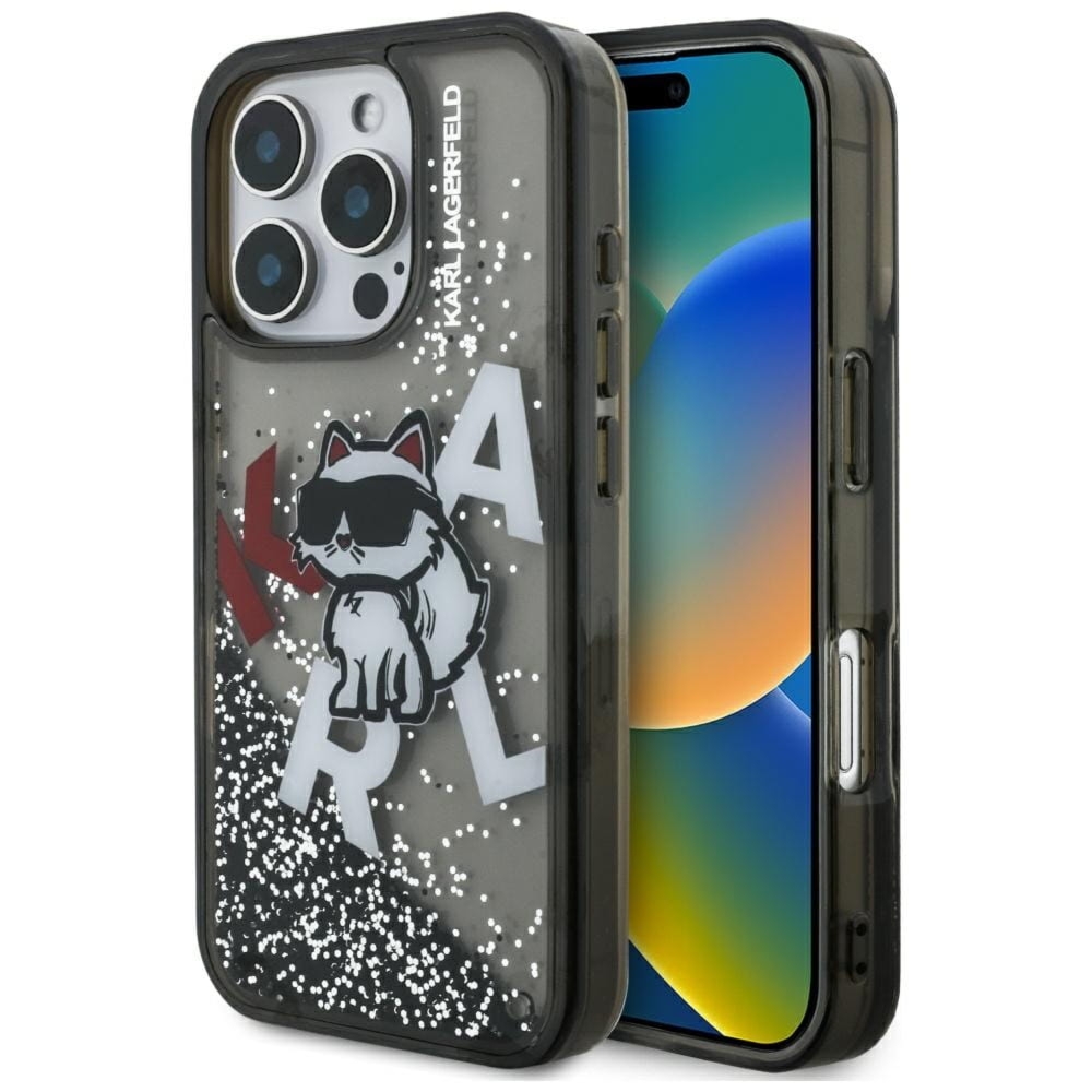 Etui Karl Lagerfeld Liquid Glitter Choupette Logo do iPhone 16 Pro Max, czarne