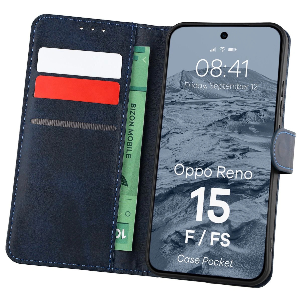 Etui z klapką Bizon Case Pocket do Oppo Reno 15 F / FS, granatowe
