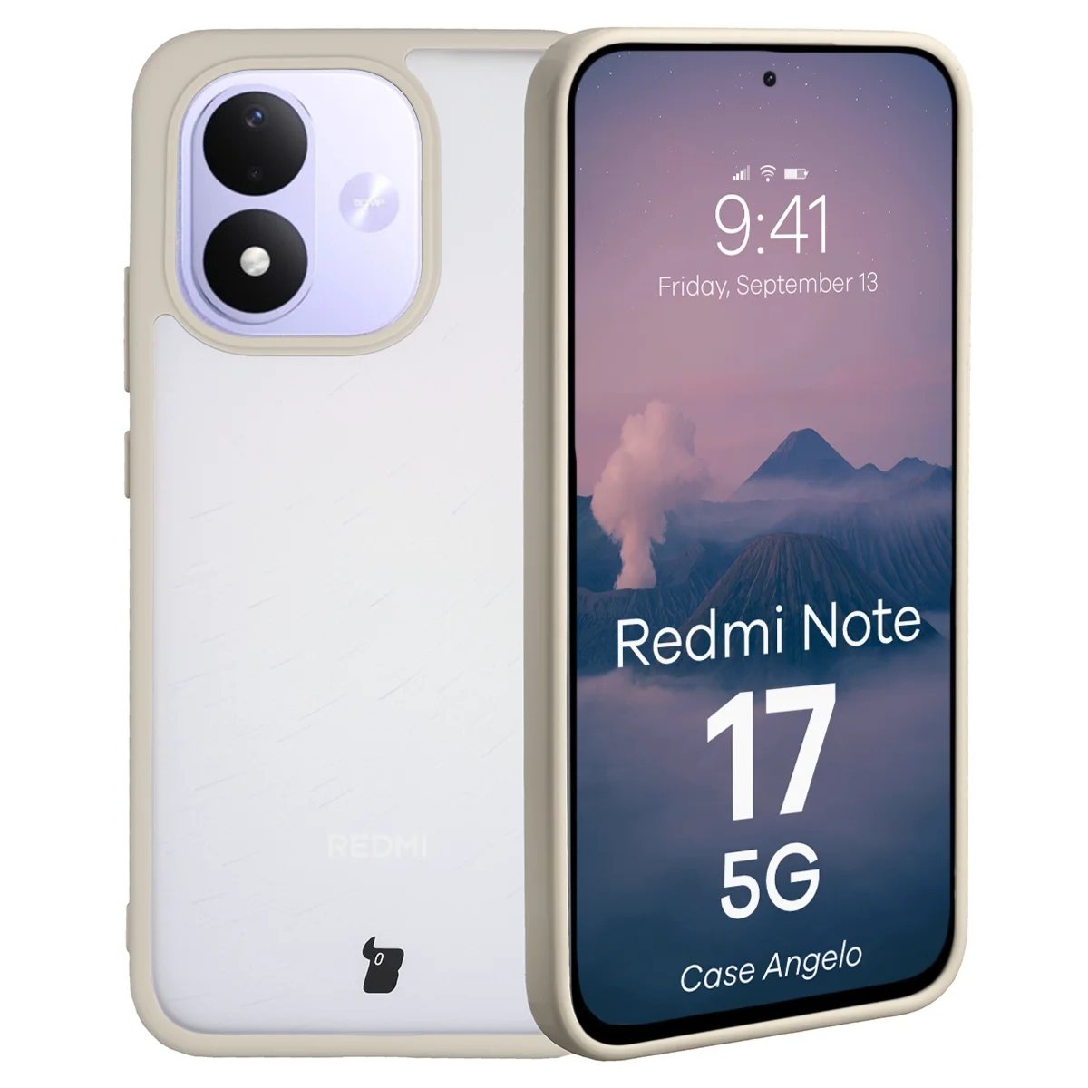 Etui Bizon Case Angelo do Xiaomi Redmi Note 17 4G/5G, półprzezroczyste z beżową ramką