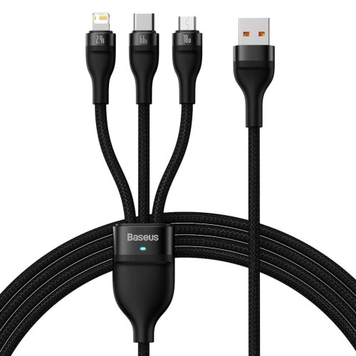 Image of Kabel Baseus Flash Series II 3w1 USB-A do USB-C/Lightning/MicroUSB - 1,2m, 66 W, czarny