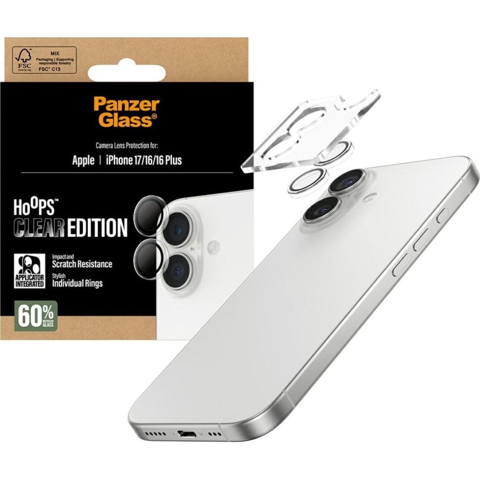 Szkło hartowane na aparat z aplikatorem PanzerGlass Hoops do iPhone 17 / 16 Plus / 16, przezroczyste