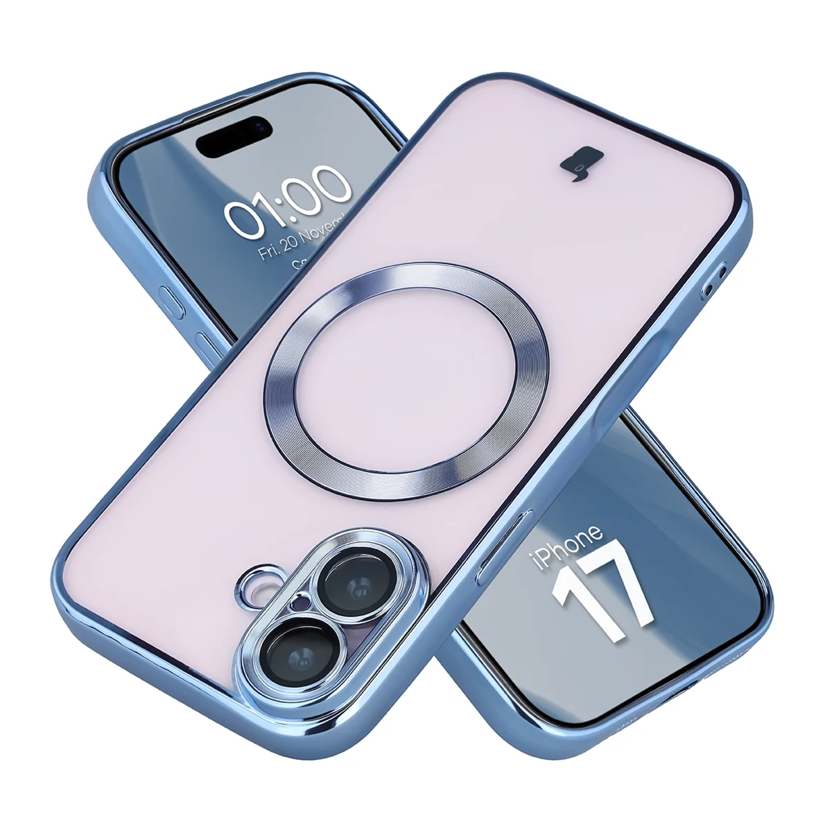 Etui z ochroną aparatu i pierścieniem magnetycznym Bizon Case GuardO do iPhone 17, przezroczysto-niebieskie
