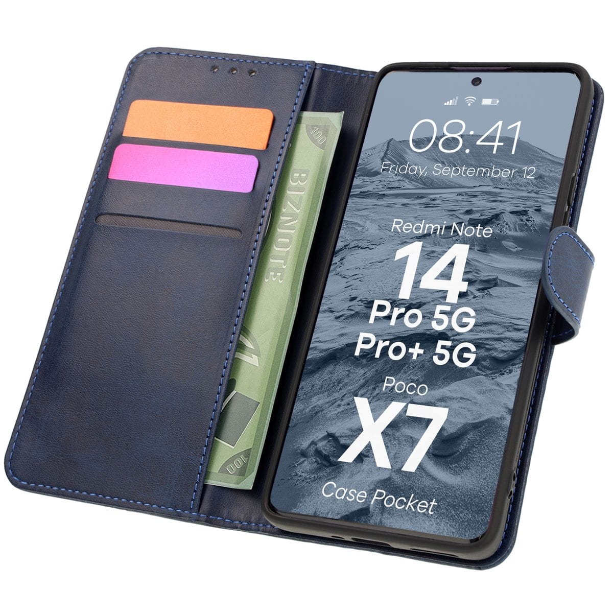 Image of Etui z klapką Bizon Case Pocket do Xiaomi Redmi Note 14 Pro 5G / Poco X7, granatowe