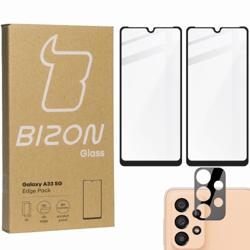 Image of Szkło hartowane Bizon Glass Edge - 2 sztuki + ochrona na obiektyw, Galaxy A33, czarne