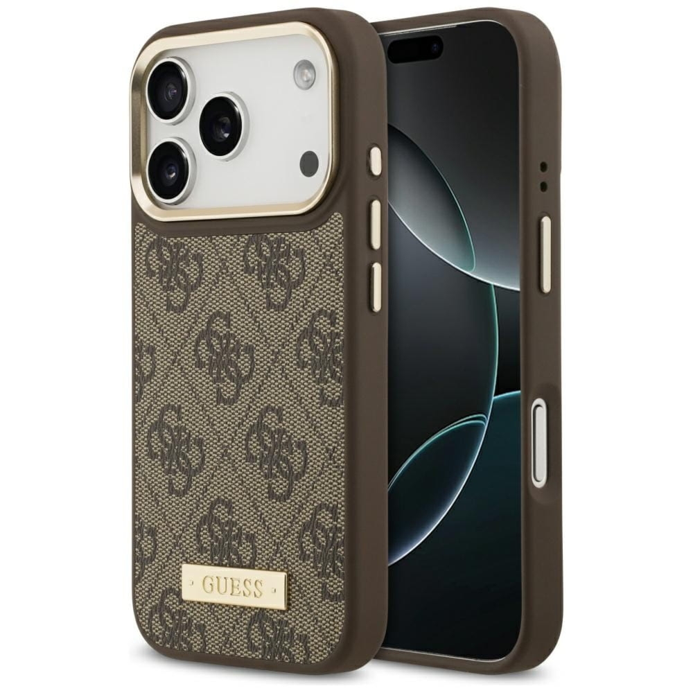 Etui Guess 4G Logo Plate do MagSafe do iPhone 17 Pro, brązowe