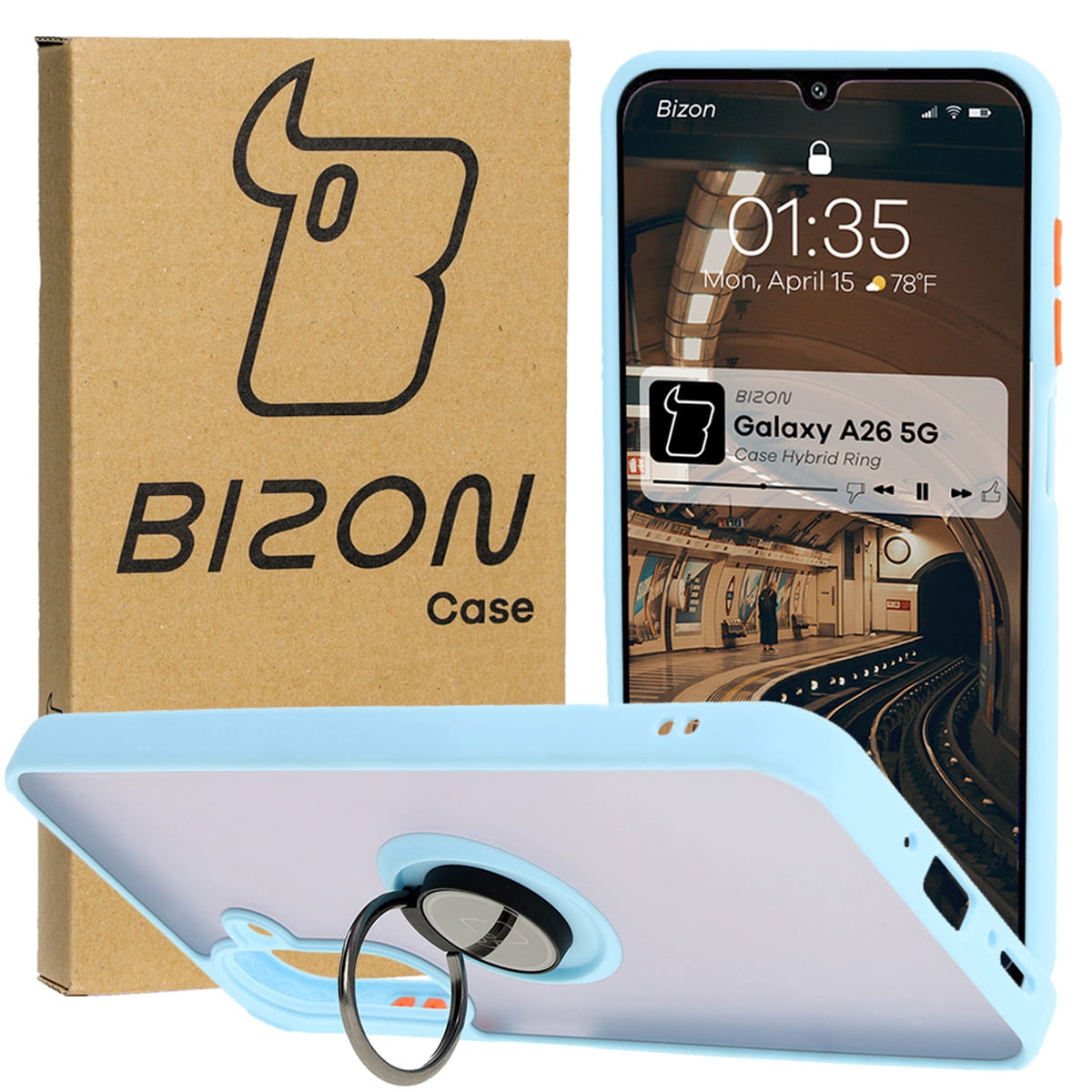 Image of Etui z uchwytem na palec Bizon Case Hybrid Ring do Galaxy A26 5G, przydymione z jasnoniebieską ramką
