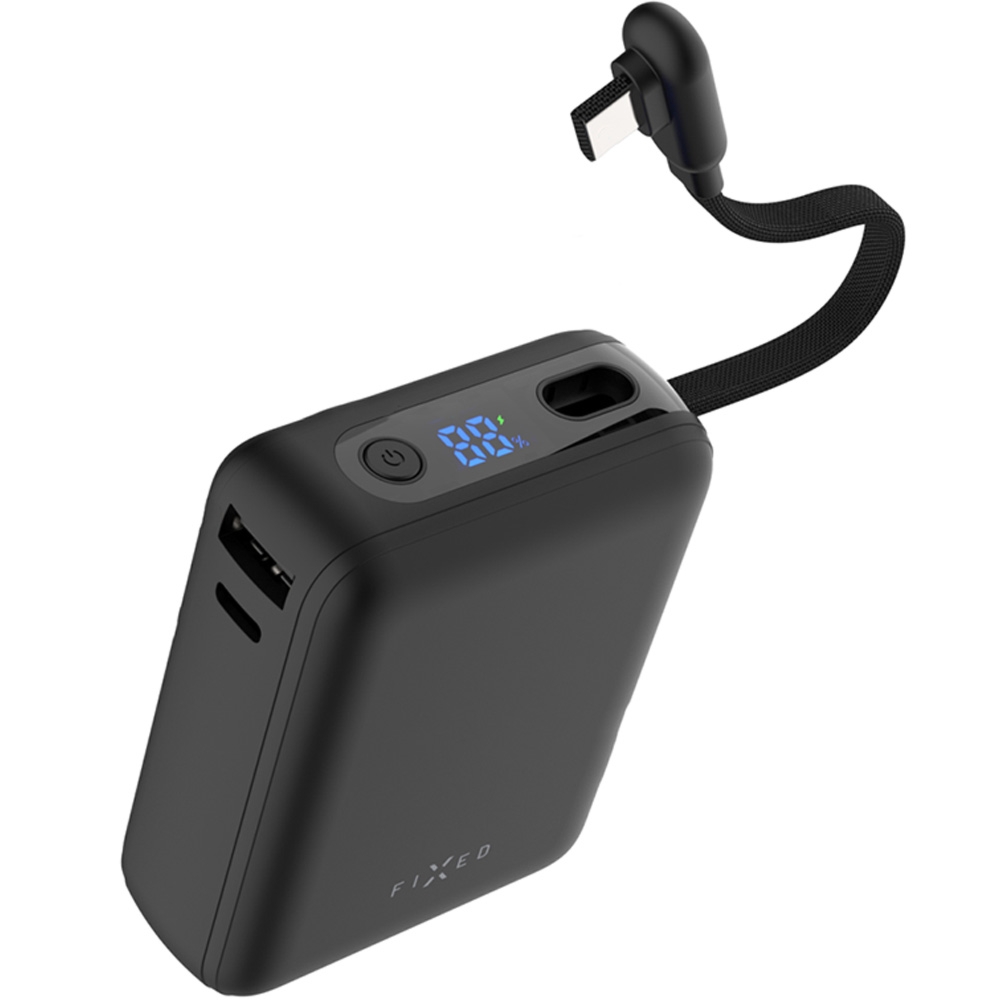 Powerbank z wyświetlaczem LCD Fixed Zen 10 Loop 30W, 10 000 mAh, 1x USB-A QC, 1x USB-C PD, kabel USB-C, czarny