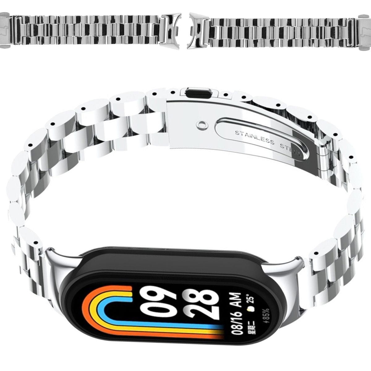 Pasek ze stali nierdzewnej Bizon Strap Watch Aura do Xiaomi Smart Band 10 / 9 / 9 NFC / 8, srebrny