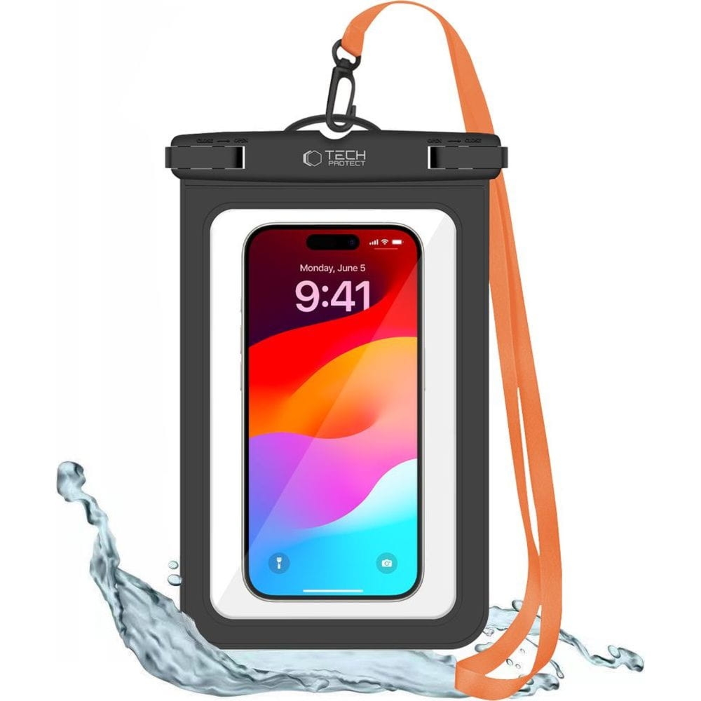 OUTLET: Etui wodoszczelne Tech-Protect UWC9 Universal Waterproof Case do telefonu maks. 8,9″, czarno-pomarańczowe