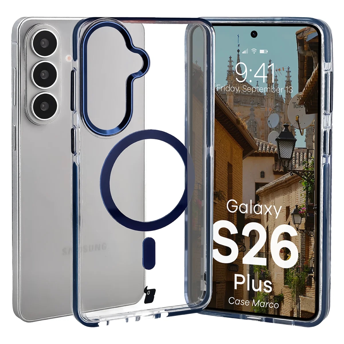 Etui z pierścieniem magnetycznym Bizon Case Marco do Galaxy S26 Plus, przezroczyste z niebieską ramką