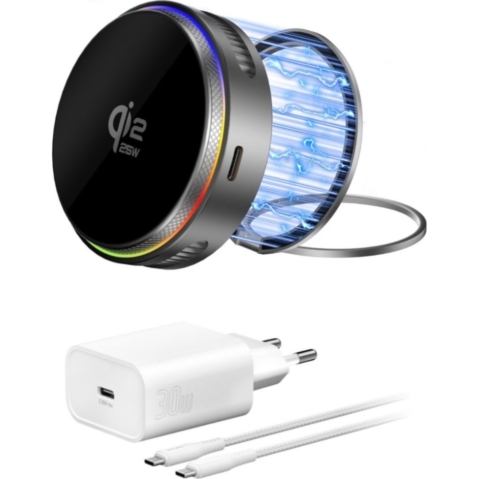 Ładowarka indukcyjna Qi2.2/MagSafe 25 W, 4smarts RGB 360° z zasilaczem i kablem USB, szara