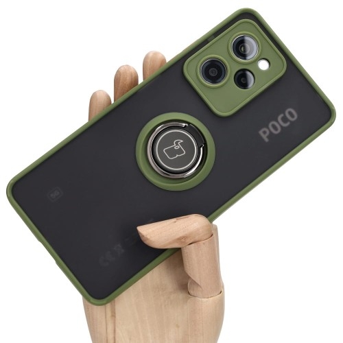 Image of Etui z uchwytem na palec Bizon Case Hybrid Ring do Xiaomi Poco X5 Pro, przydymione z zieloną ramką