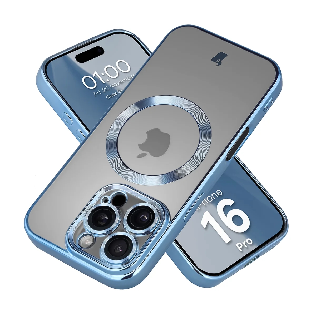 Etui z ochroną aparatu i pierścieniem magnetycznym Bizon Case GuardO do iPhone 16 Pro, przezroczysto-niebieskie