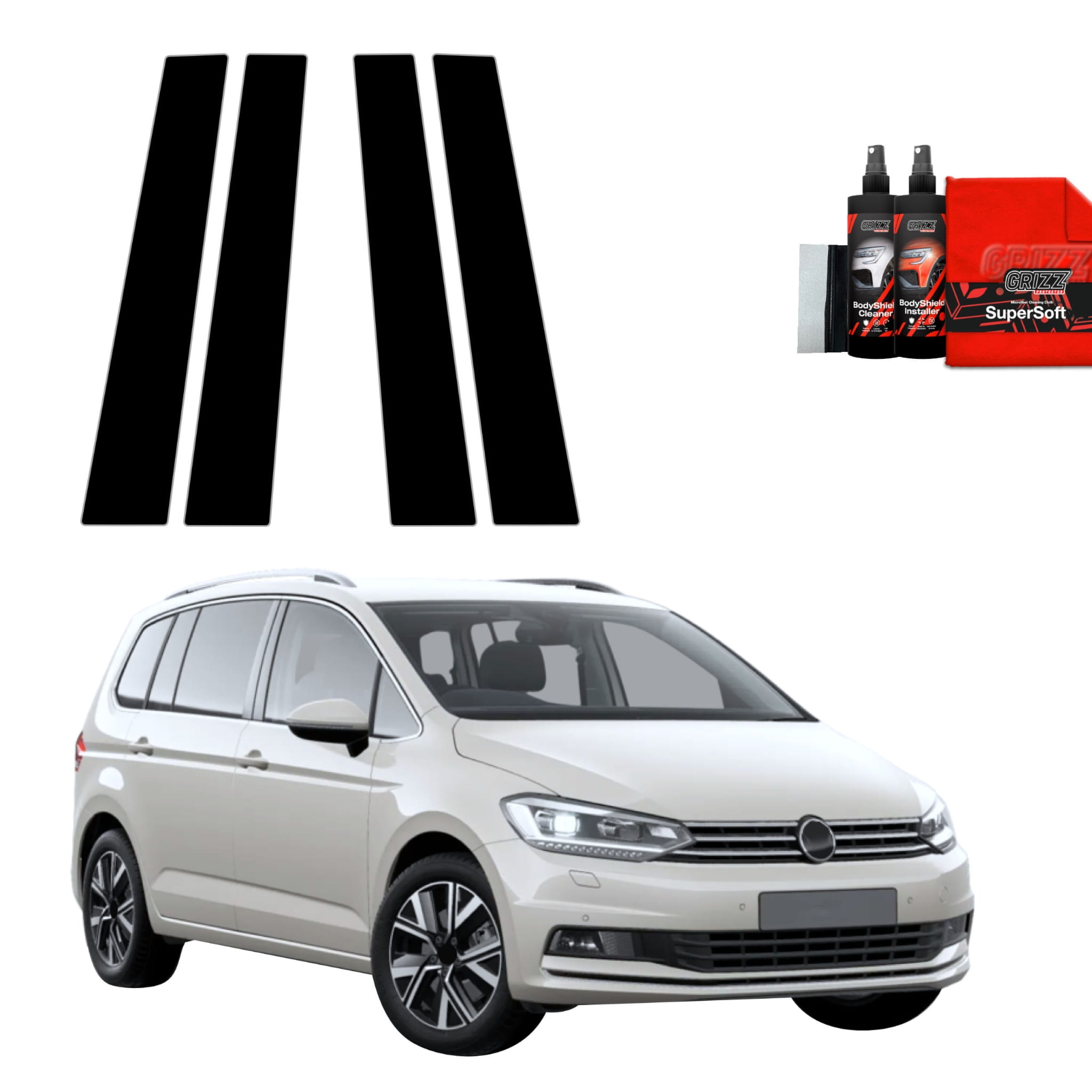 4w1 Czarna folia Grizz Protector na słupki do Volkswagen VW Touran (2024-2026)